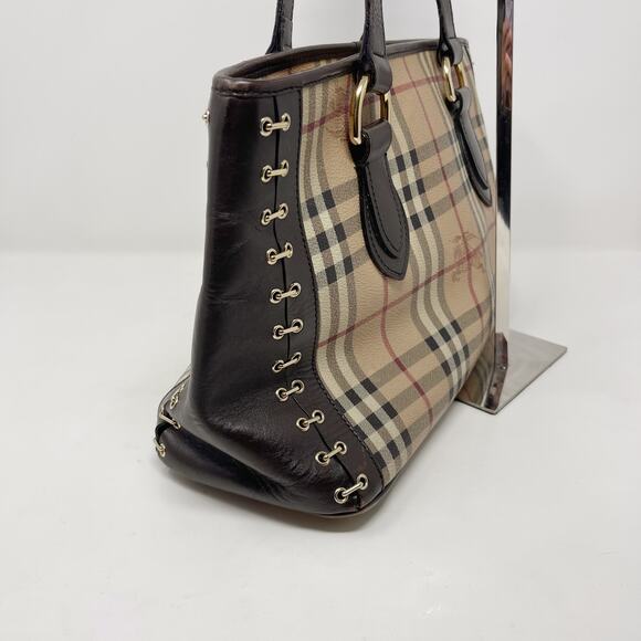 Burberry Brown Beige Haymarket Check Canvas Regent Grommet Tote Bag Double Strap - Picture 8 of 16